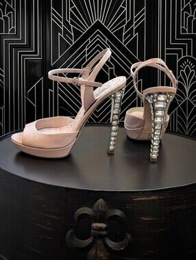 RARE MIU MIU Calzature Donna Patent Peep-toe w/ Swarovski Crystal Inlays 37.5